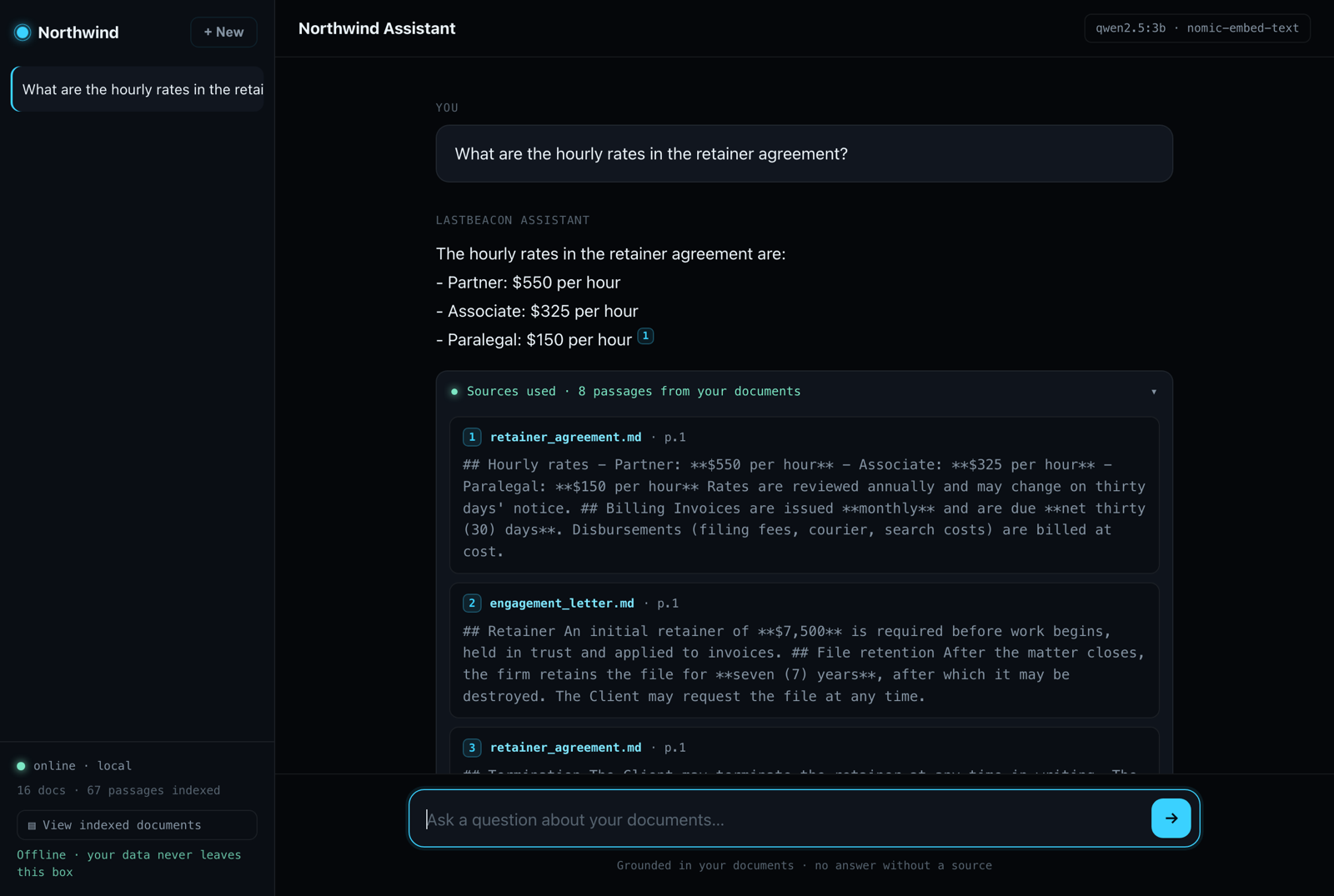 The LastBeacon offline assistant answering a question grounded in the customer's own documents, with an inline citation and the exact source passages listed below the answer.